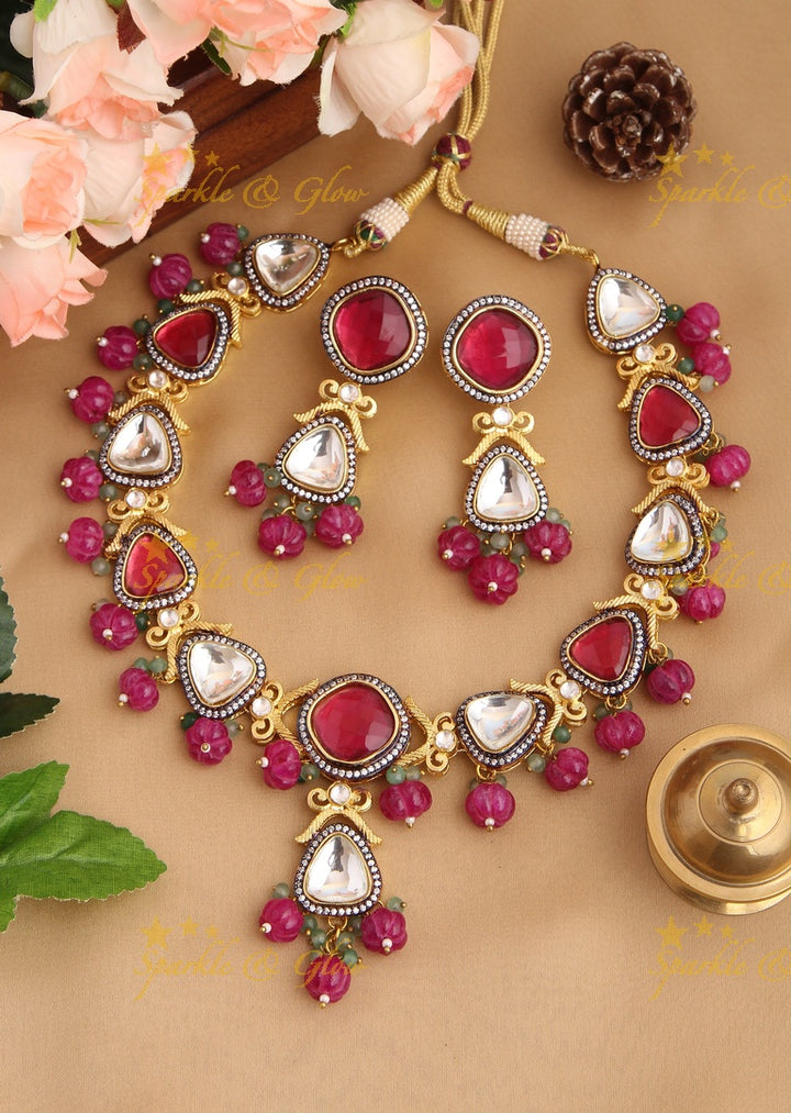 Pink White Kundan Stone Necklace with Pink bead drops