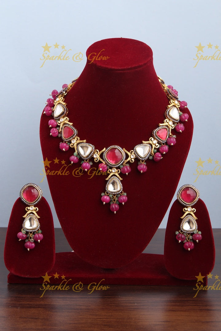 Pink White Kundan Stone Necklace with Pink bead drops