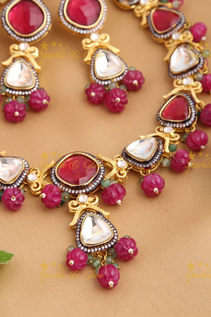 Pink White Kundan Stone Necklace with Pink bead drops