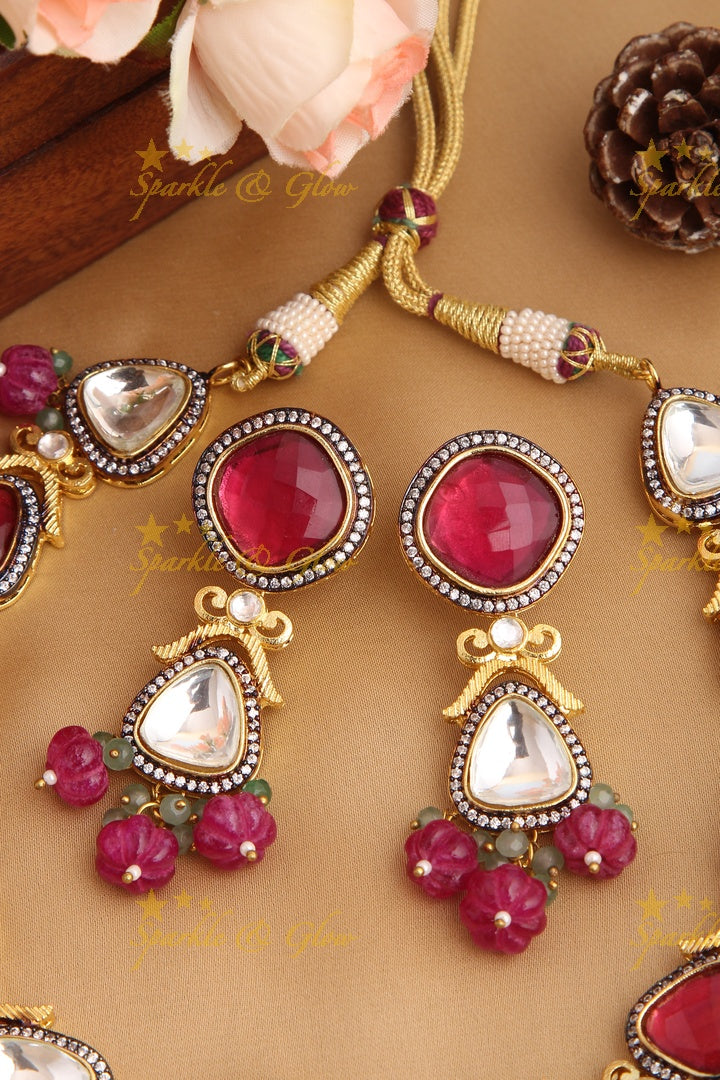 Pink White Kundan Stone Necklace with Pink bead drops