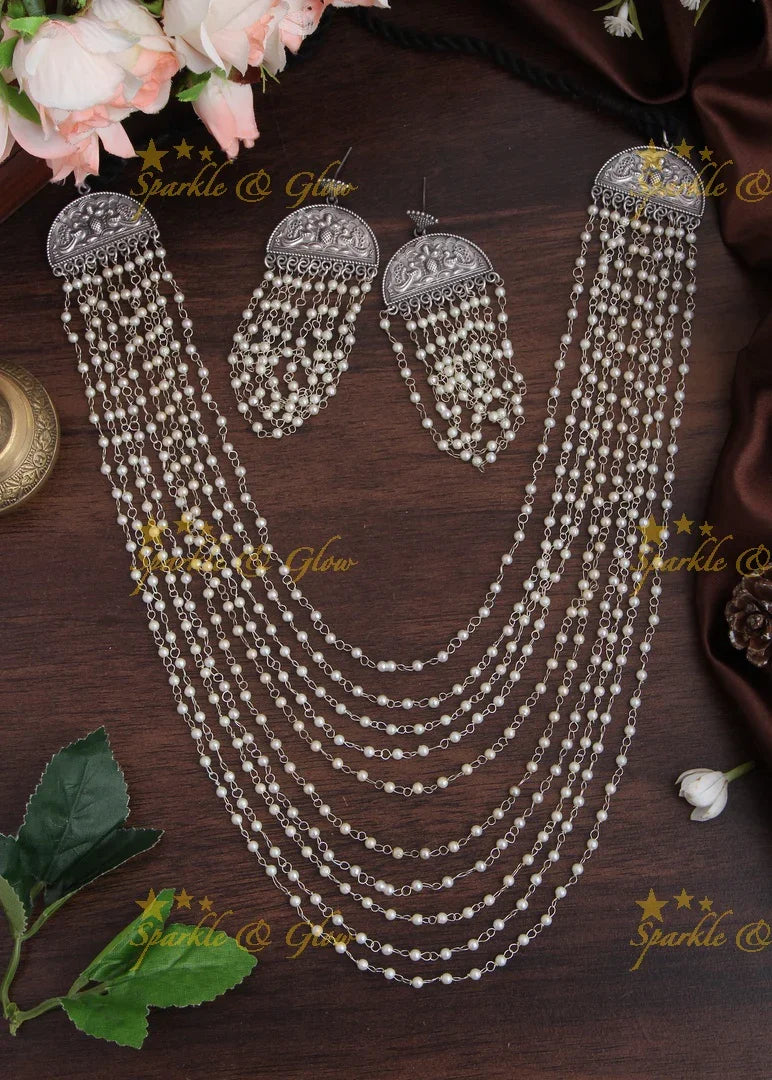 Silver Pearl Layered Long Necklace for Women