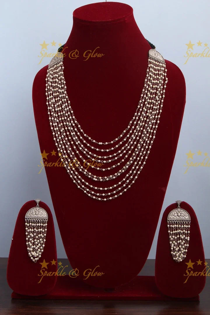 Silver Pearl Layered Long Necklace for Women