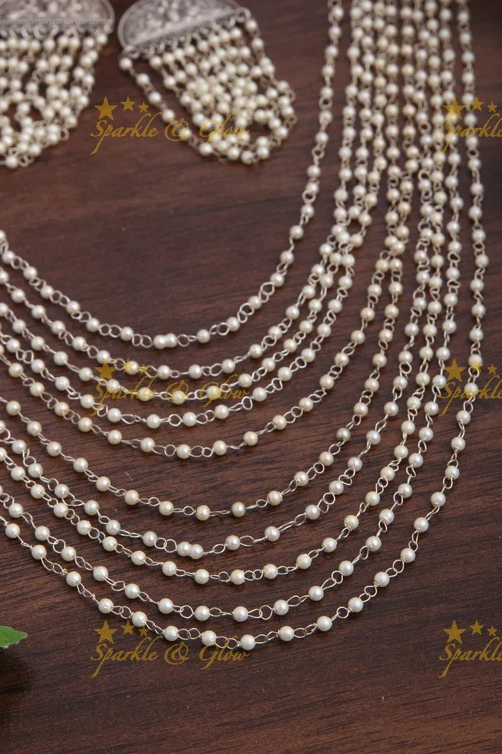 Silver Pearl Layered Long Necklace for Women