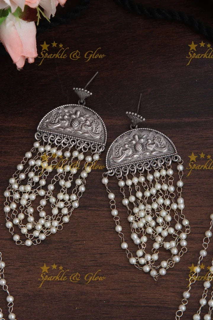Silver Pearl Layered Long Necklace for Women