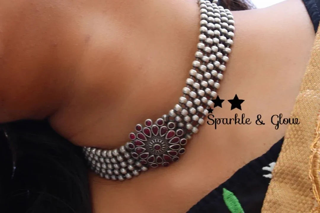 High neck silver look alike choker - Pink - Sparkle and Glow