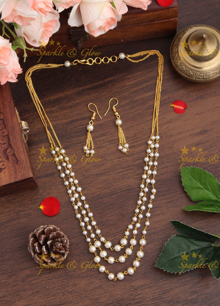 Three Layered Medium size Pearl Necklace - Sparkle and Glow