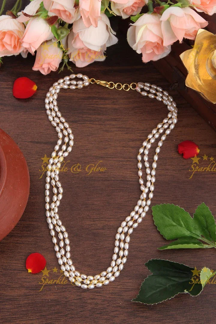 Three Layered Rice Pearl necklace 18 inches - Sparkle and Glow