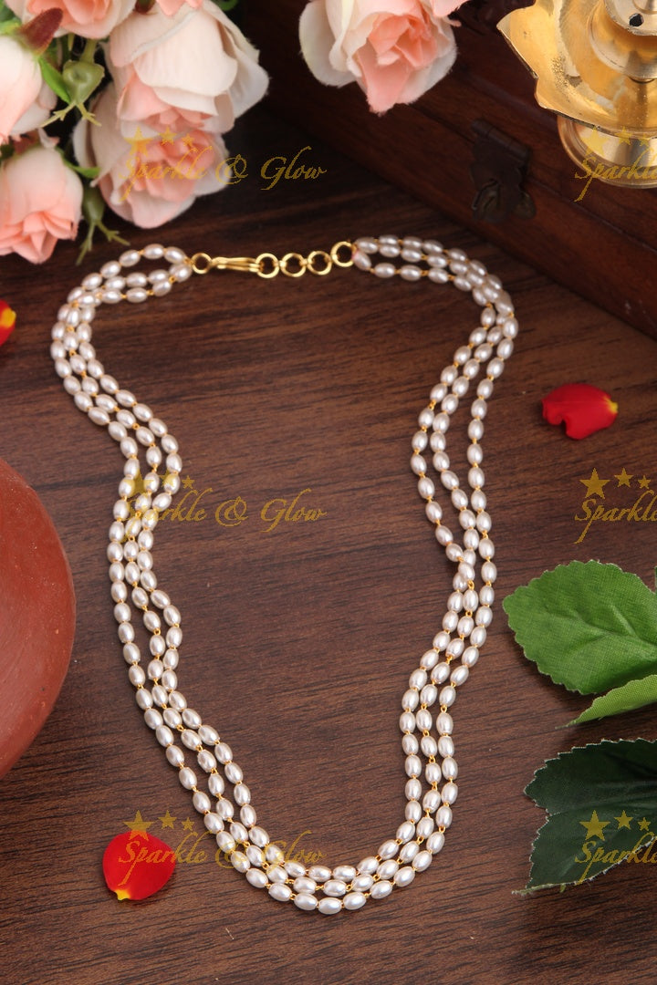 Three Layered Rice Pearl necklace 18 inches