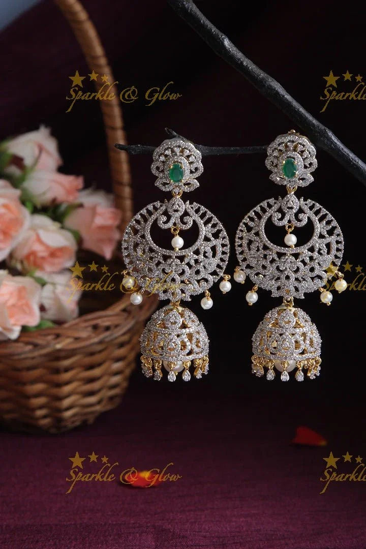 GJ Polish Green Bridal Detachable Jhumkas CZ