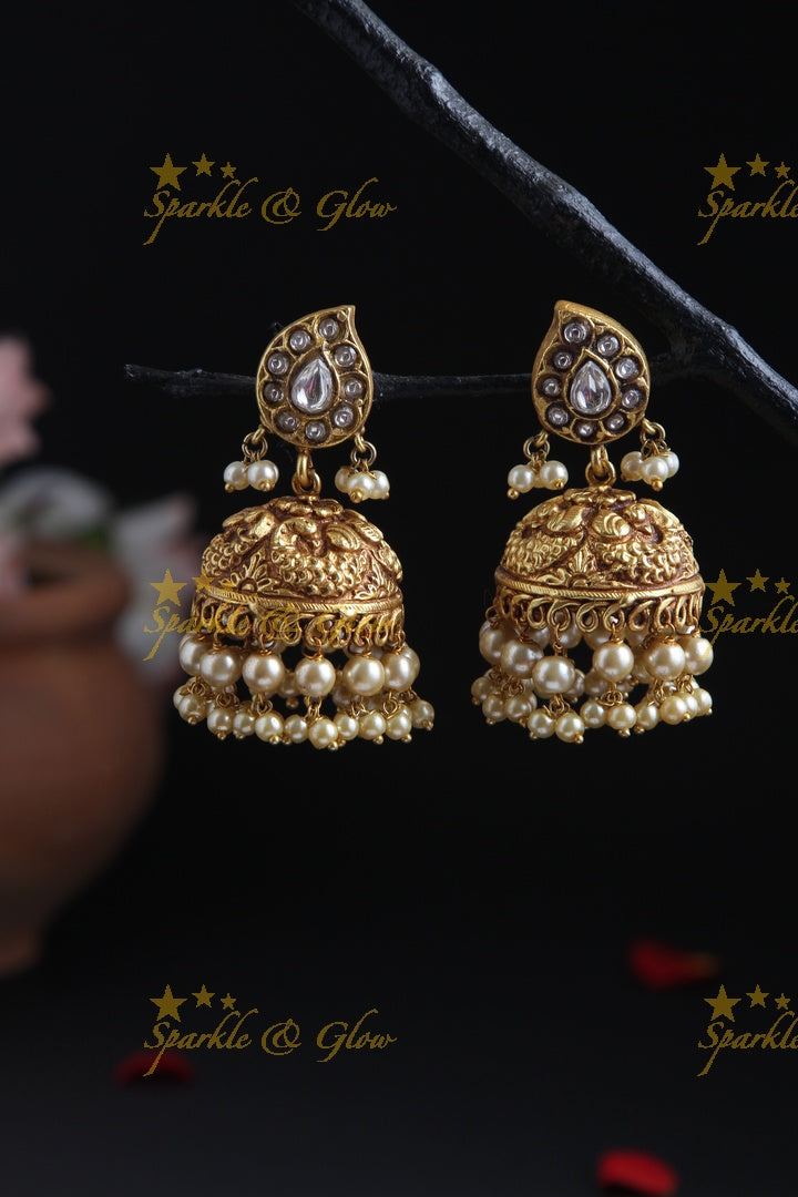 Gheru finish Peacock Jhumkas with pearls
