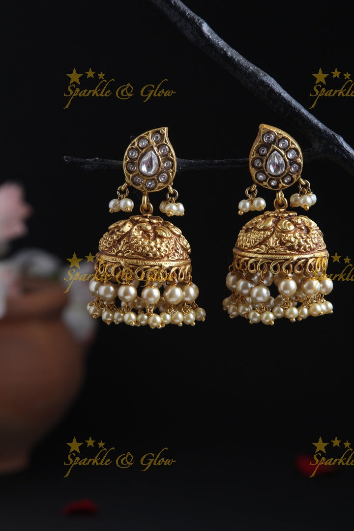 Gheru finish Peacock Jhumkas with pearls