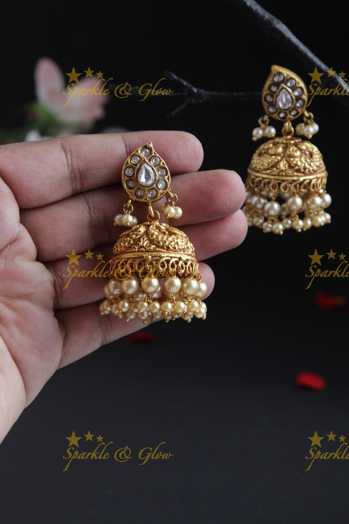 Gheru finish Peacock Jhumkas with pearls
