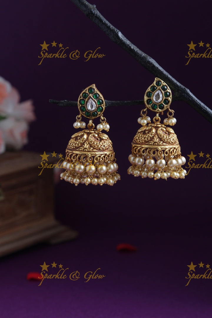 Gheru finish Peacock Jhumkas with pearls