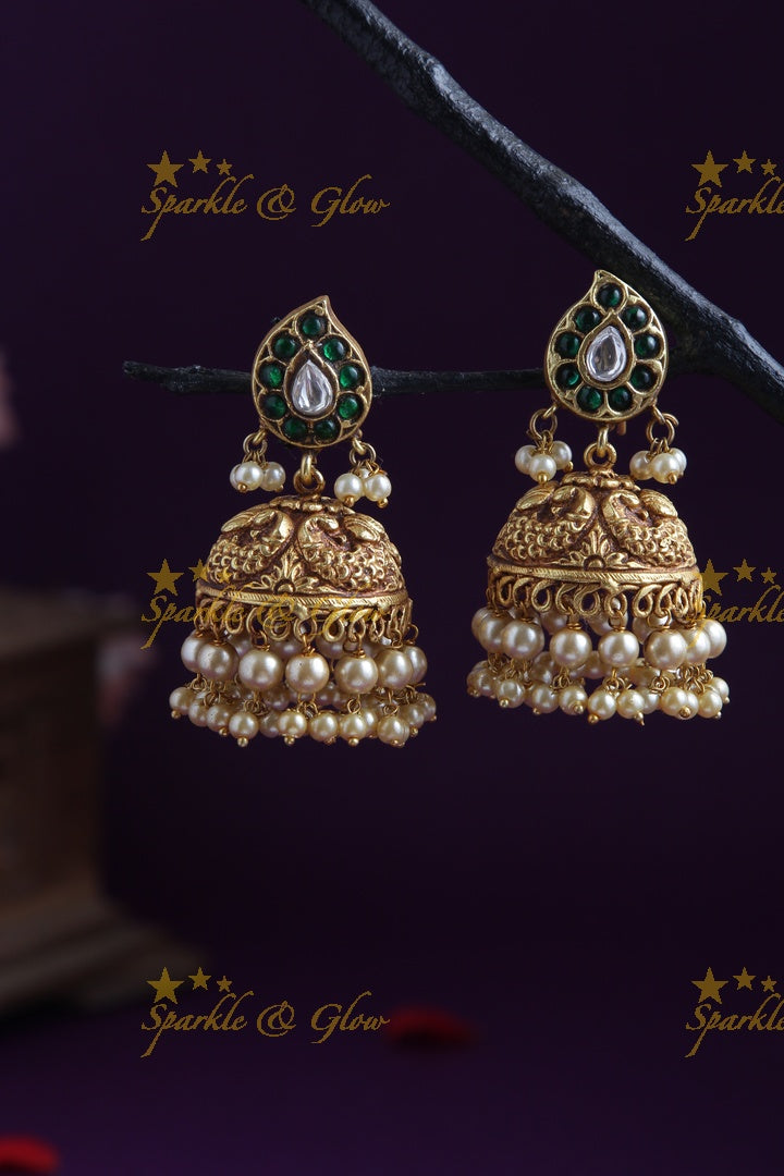 Gheru finish Peacock Jhumkas with pearls
