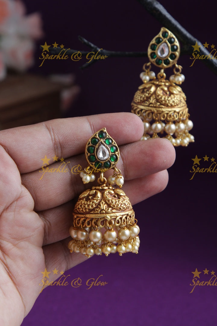 Gheru finish Peacock Jhumkas with pearls