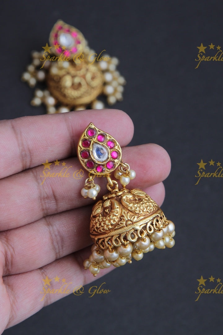 Gheru finish Peacock Jhumkas with pearls