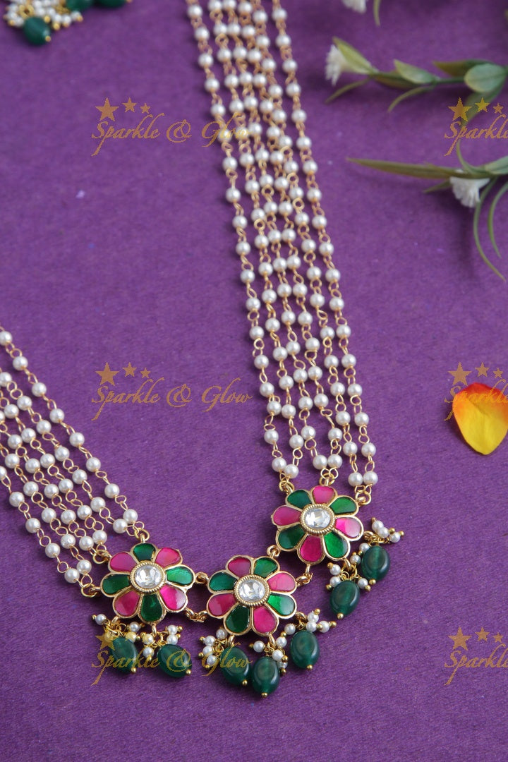 Gold Alike Floral Pearl Haram with Floral Pendent and Floral Studs