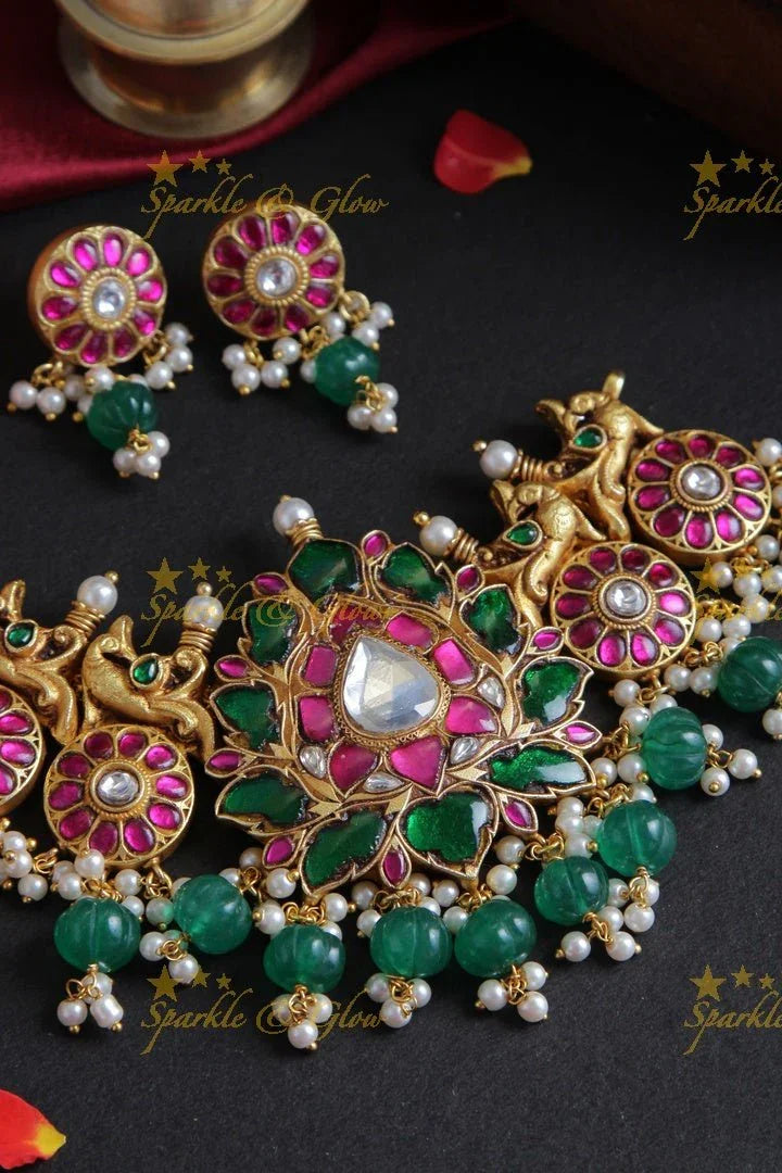 Jadau Kundan Lotus choker - GREEN - Sparkle and Glow