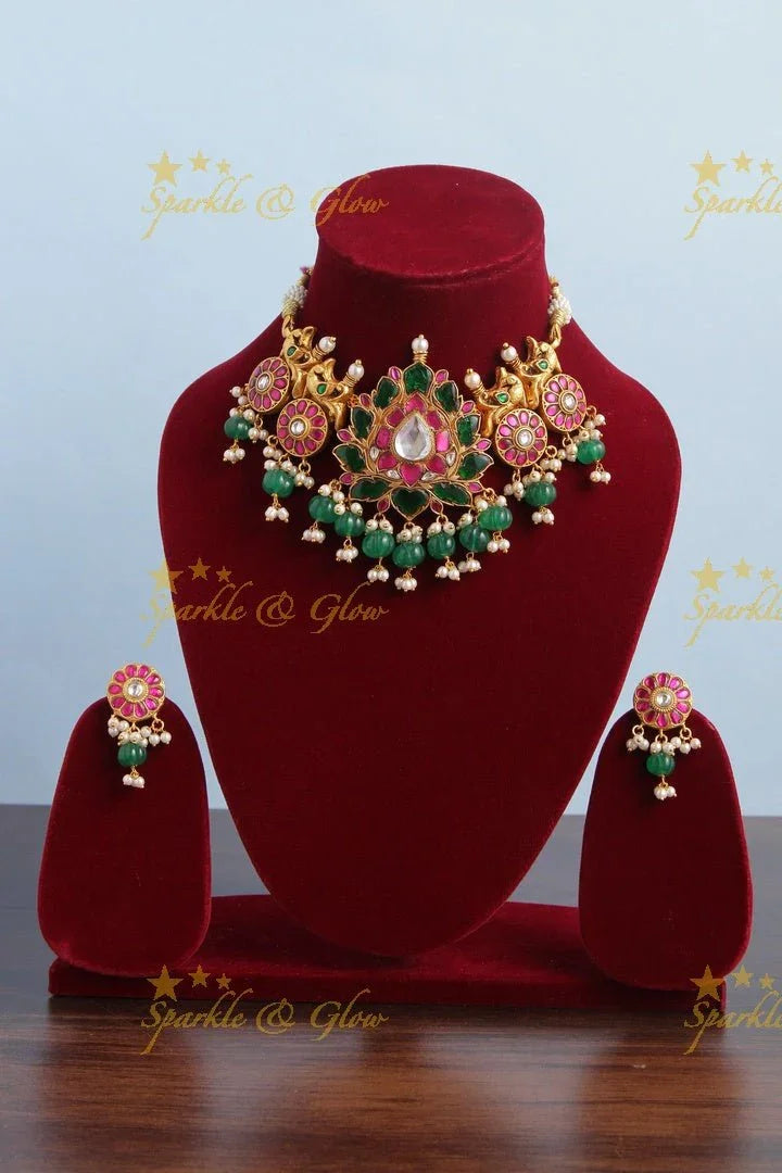 Jadau Kundan Lotus choker - GREEN - Sparkle and Glow