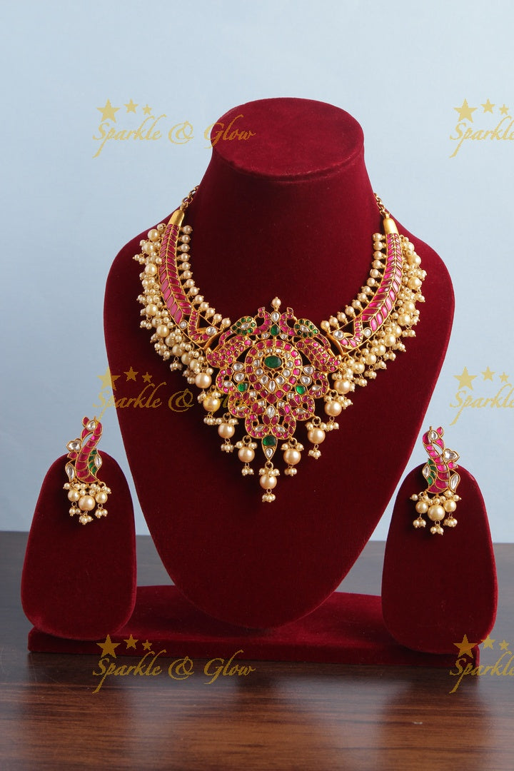 Intricate Peacock design short Necklace with Peacock Studs