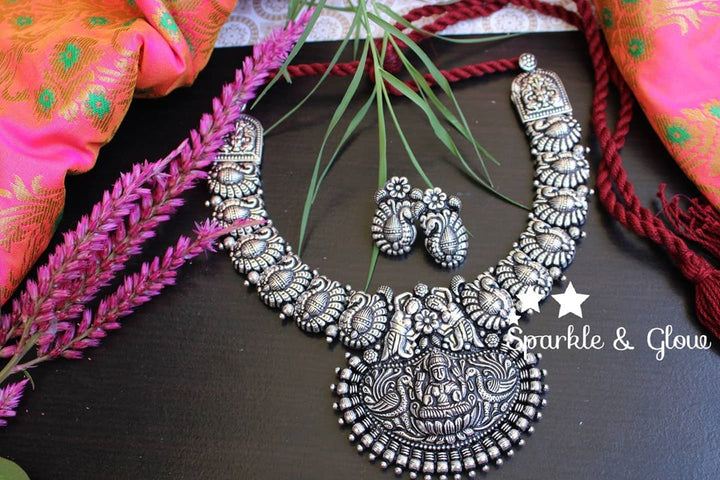 Kolhapur Silver peacock and lakshmi carved necklace