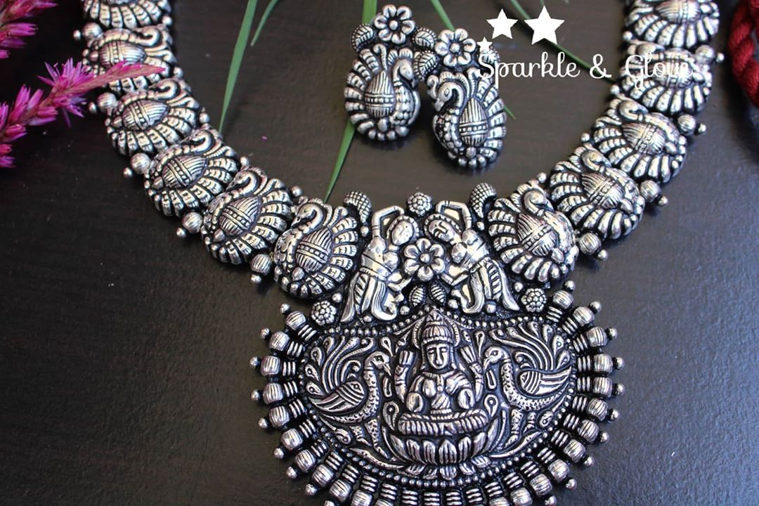 Kolhapur Silver peacock and lakshmi carved necklace