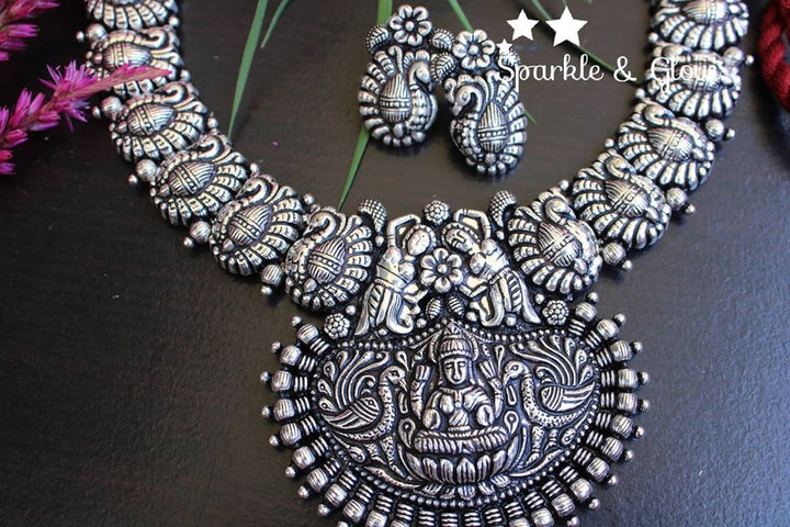 Kolhapur Silver peacock and lakshmi carved necklace