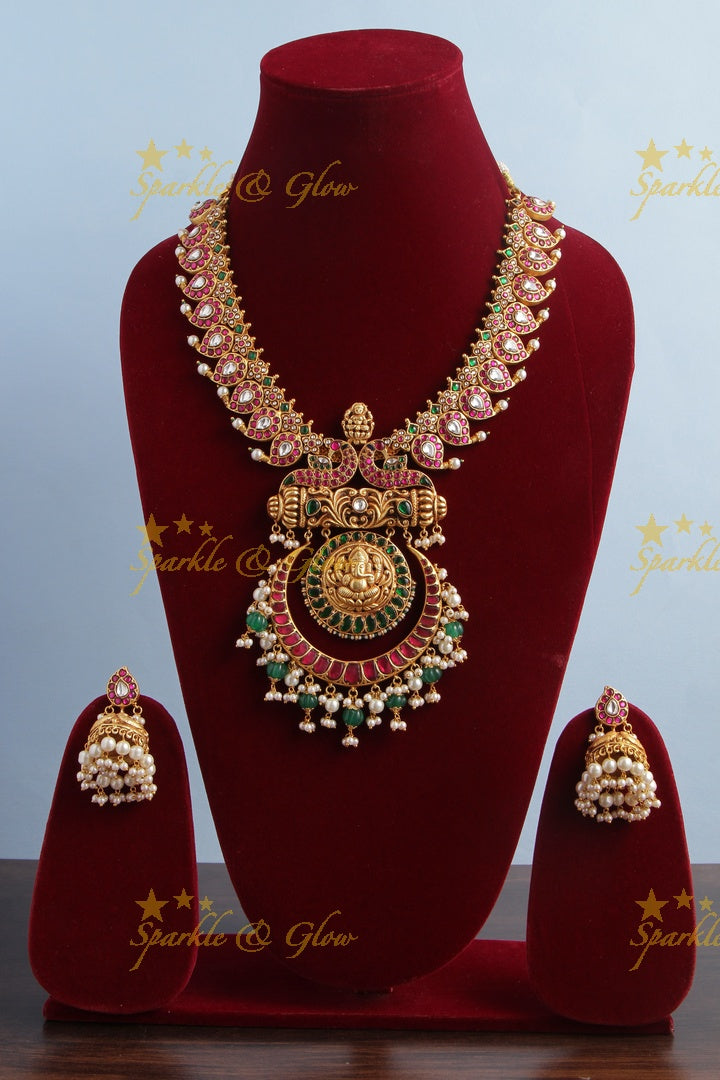 Intricately Craved Mango Peacock Necklace with Ganesh Pendent
