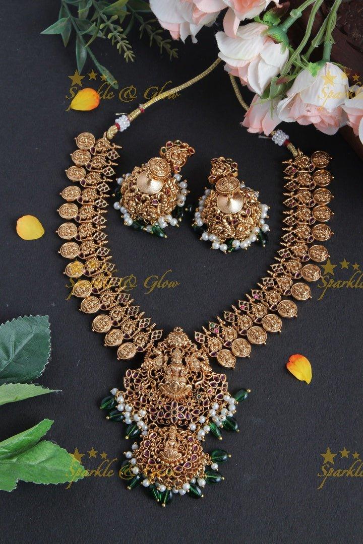 Lakshmi Coin Antique Necklace with Green Beads - Sparkle and Glow