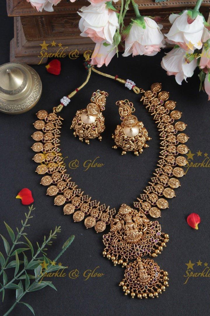 Lakshmi Coin Antique Necklace with Green Beads - Sparkle and Glow