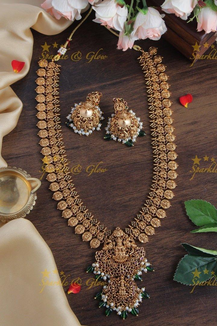 Lakshmi Coin Antique Long Necklace with Green Beads - Sparkle and Glow