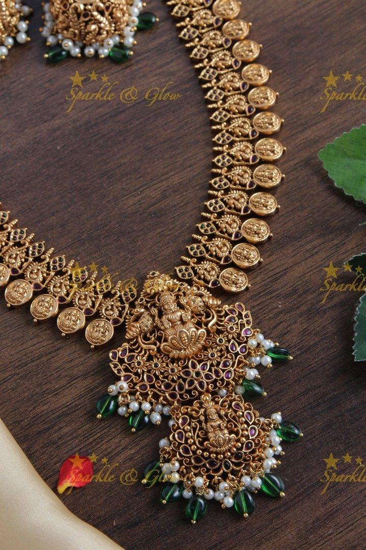 Lakshmi Coin Antique Long Necklace with Green Beads - Sparkle and Glow