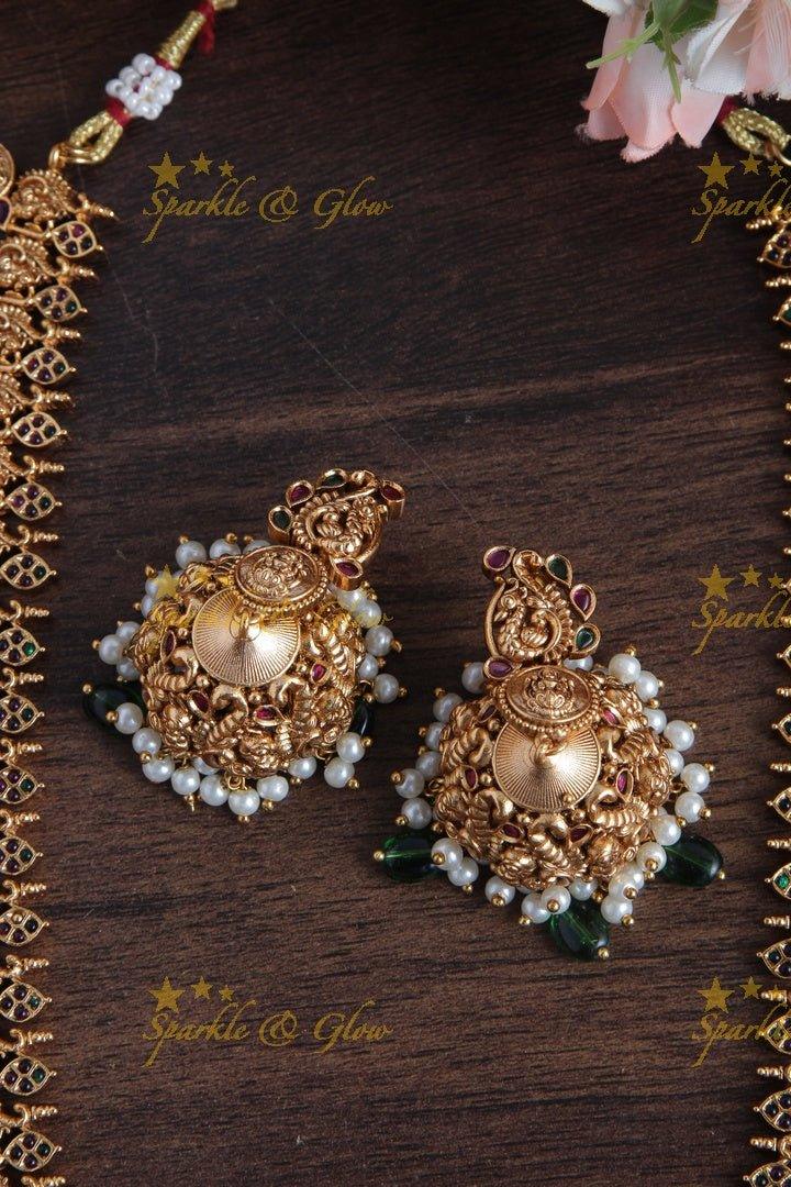 Lakshmi Coin Antique Long Necklace with Green Beads - Sparkle and Glow