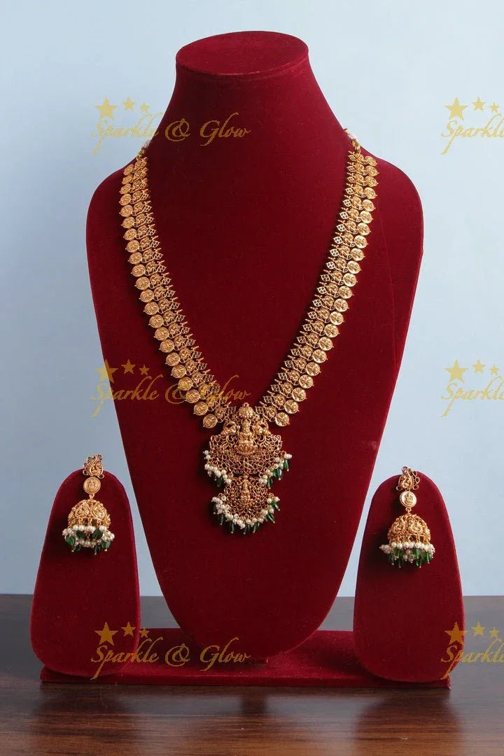 Lakshmi Coin Antique Long Necklace with Green Beads - Sparkle and Glow
