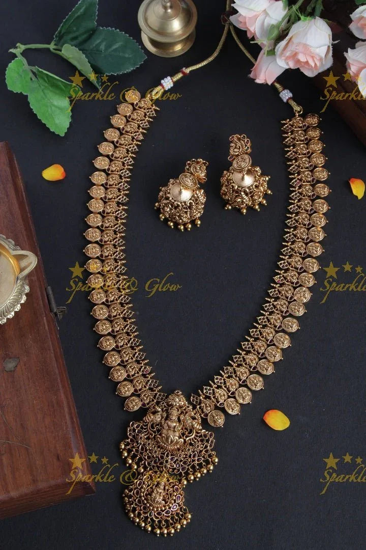 Lakshmi Coin Antique Long Necklace with Green Beads - Sparkle and Glow