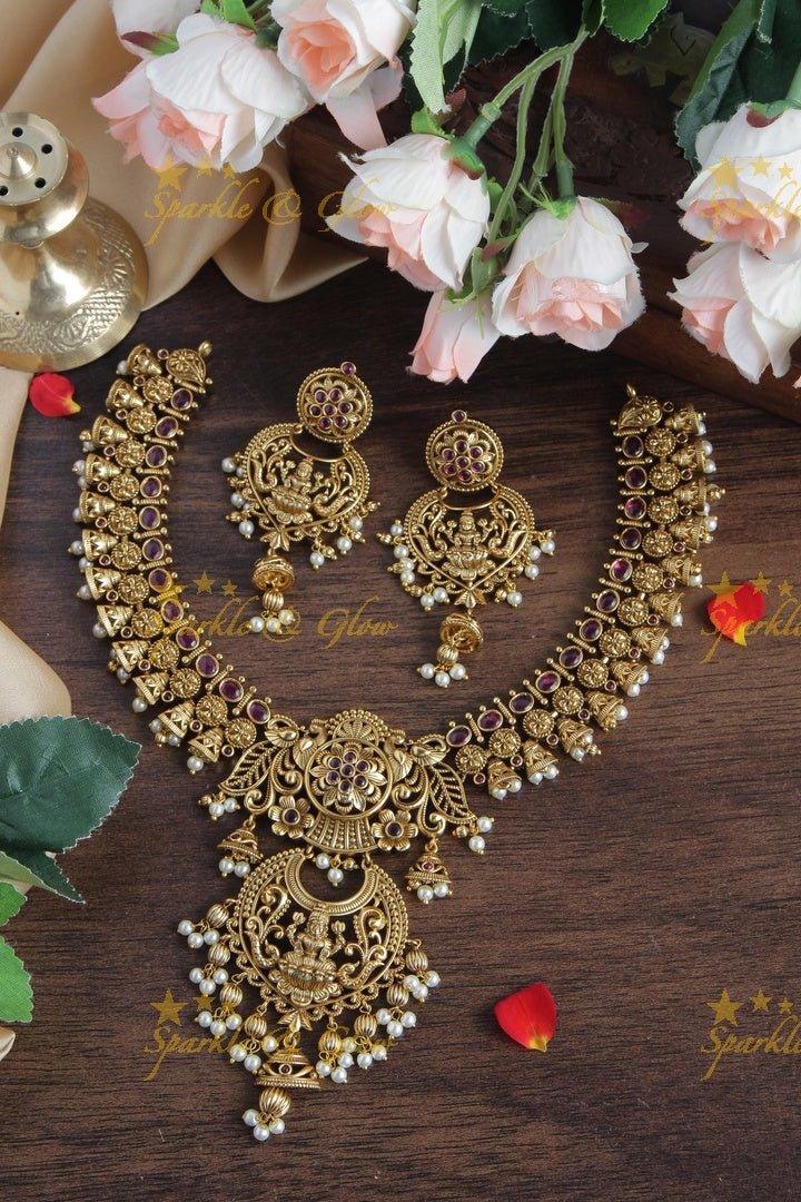 Antique Lakshmi Floral Necklace with Heavy Lakshmi Craved Jhumkas - Green - Sparkle and Glow