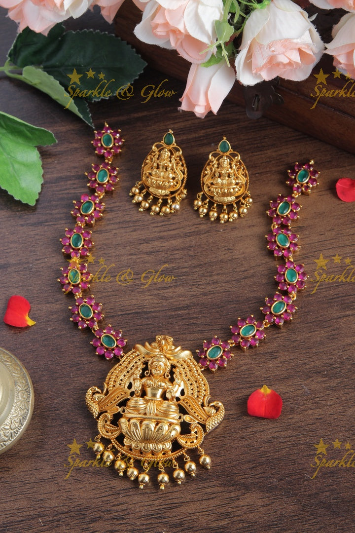 Premium Matte Floral Lakshmi Short Necklace with Lakshmi Studs
