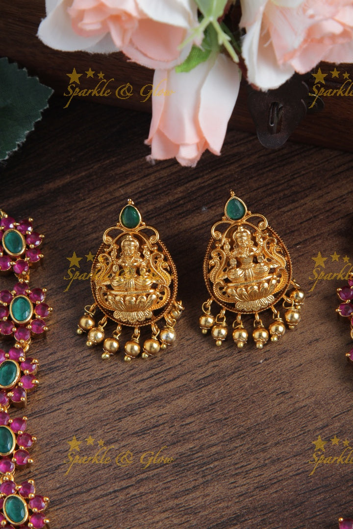 Premium Matte Floral Lakshmi Short Necklace with Lakshmi Studs