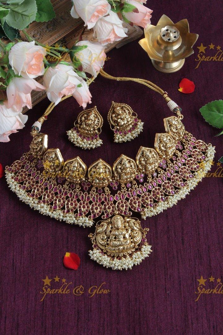 Exclusive Lakshmi Mango High Neck choker with Pearls - Pink - Sparkle and Glow