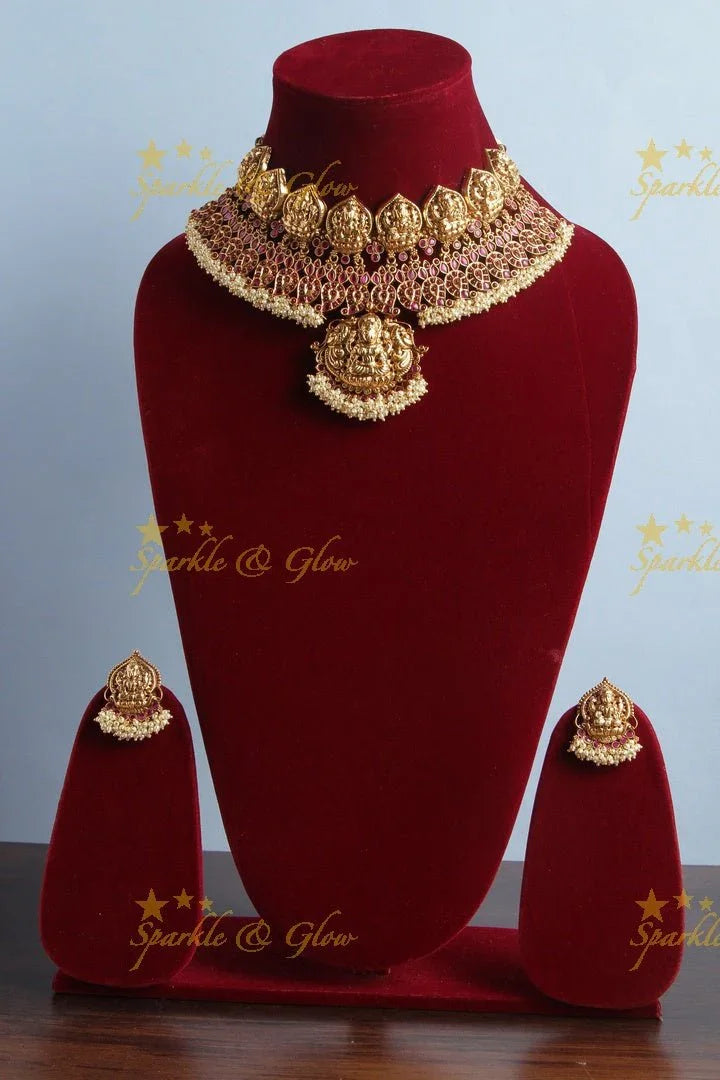 Exclusive Lakshmi Mango High Neck choker with Pearls - Pink - Sparkle and Glow