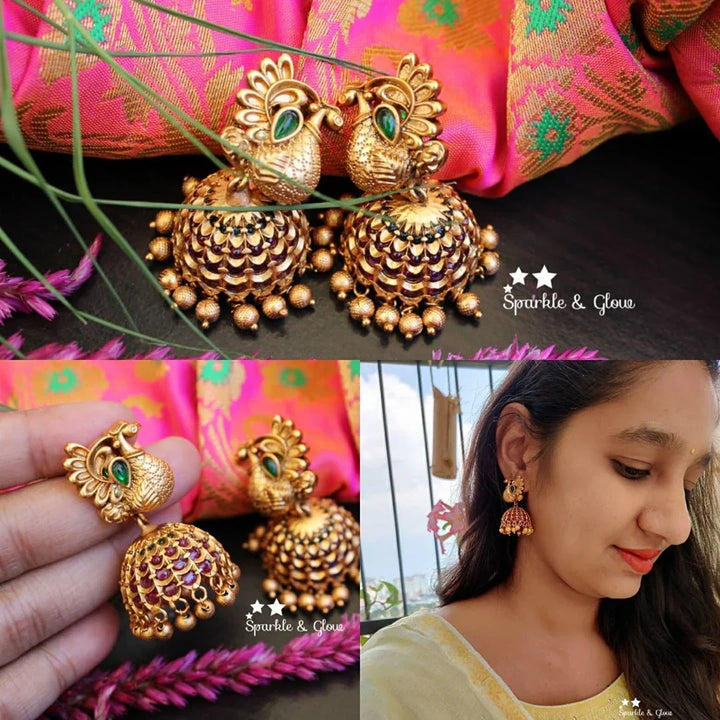 Antique Peacock Kemp Jhumka Earrings