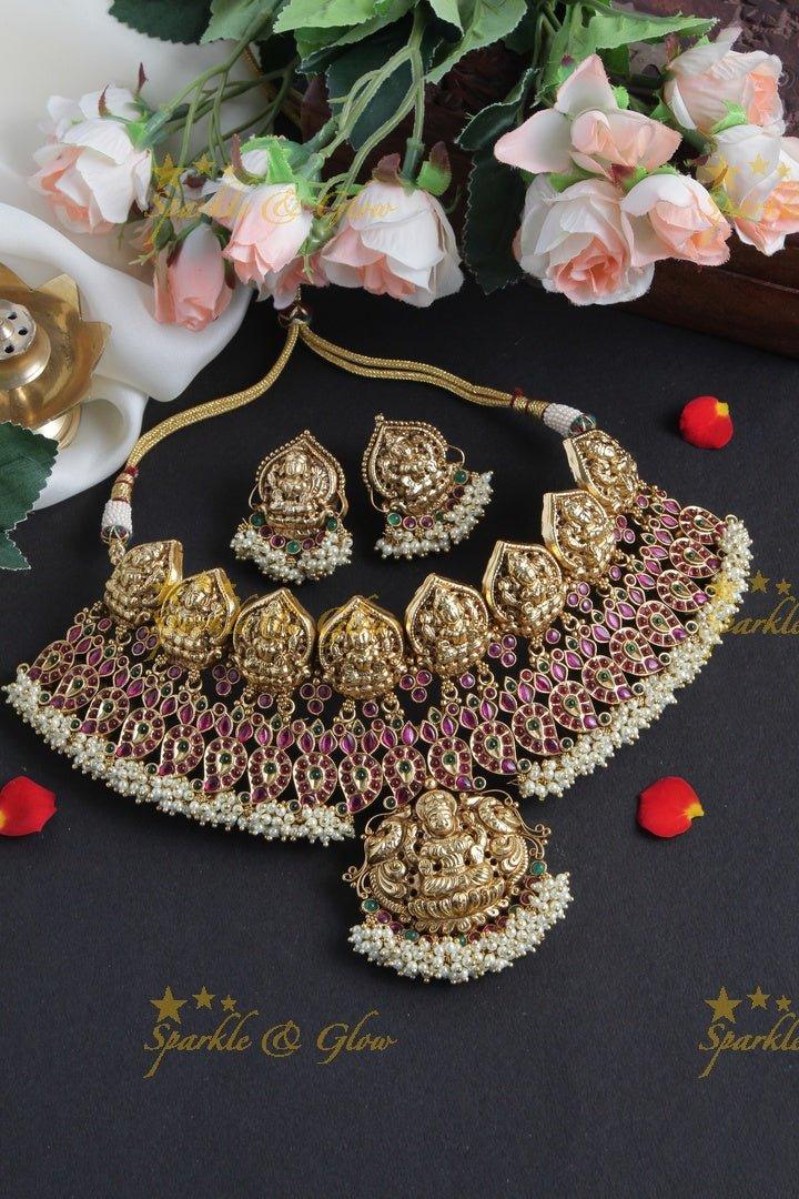 Exclusive Lakshmi Mango High Neck choker with Pearls - Pink - Sparkle and Glow