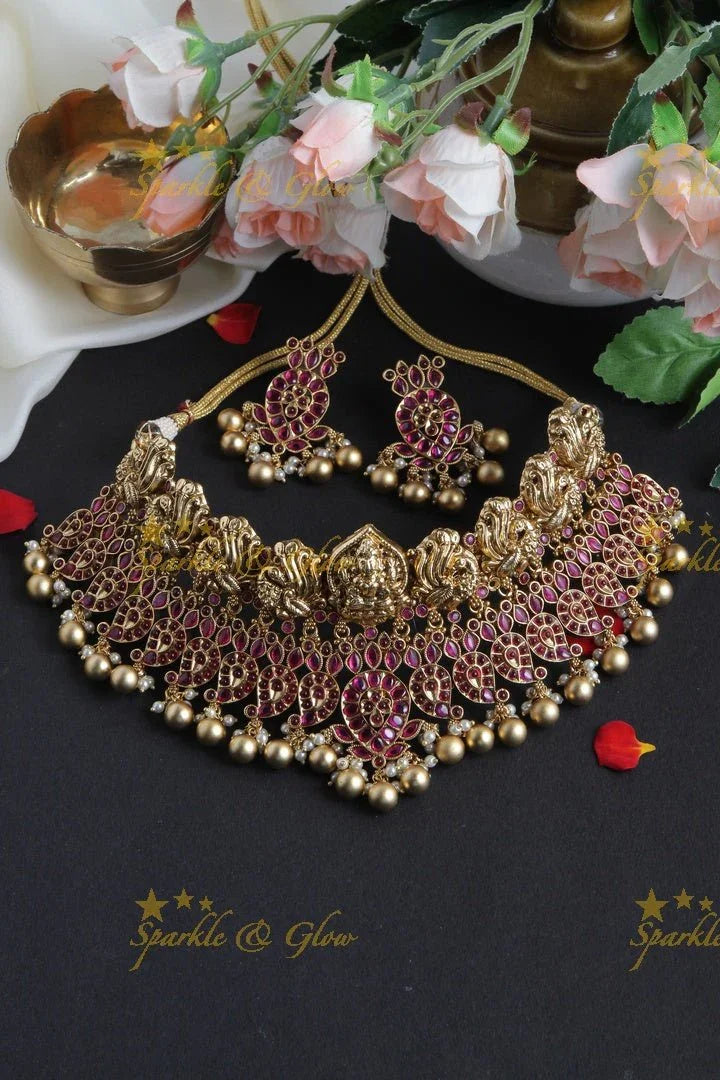 Exquisite Lakshmi Carved High Neck Choker with Gold Beads - Pink - Sparkle and Glow