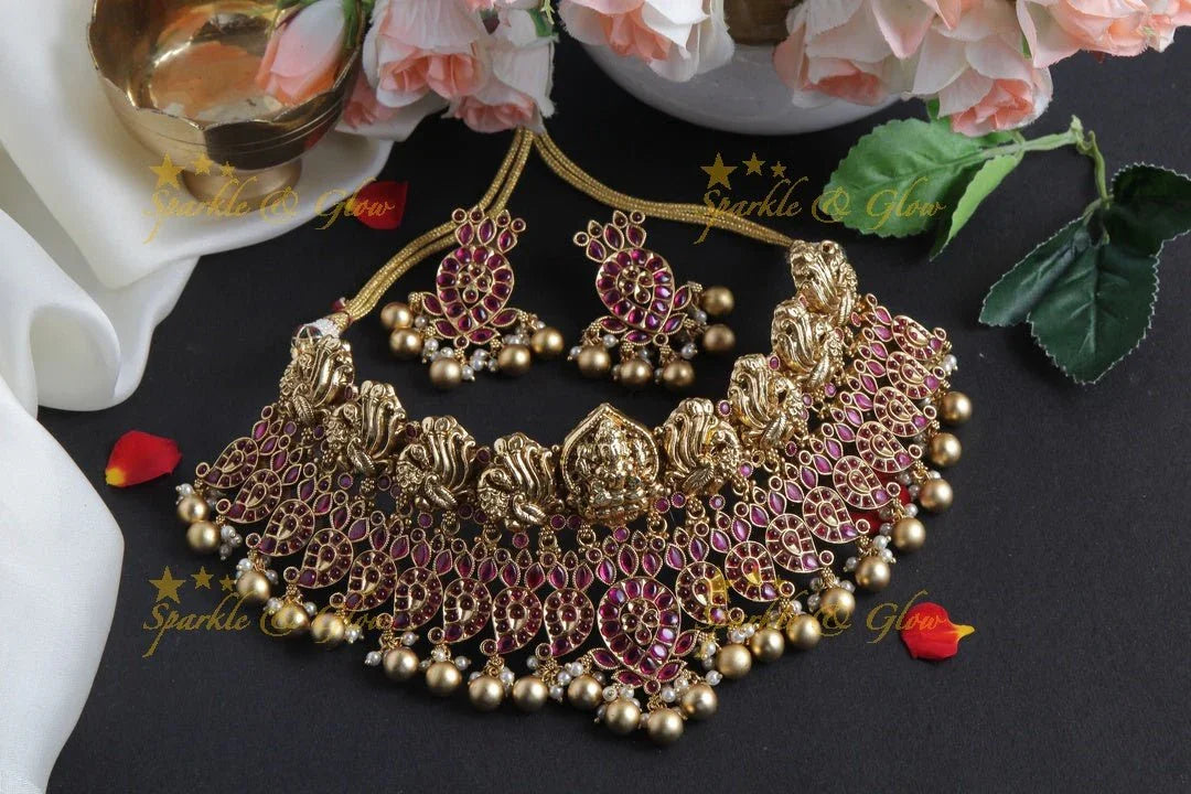 Exquisite Lakshmi Carved High Neck Choker with Gold Beads - Pink - Sparkle and Glow