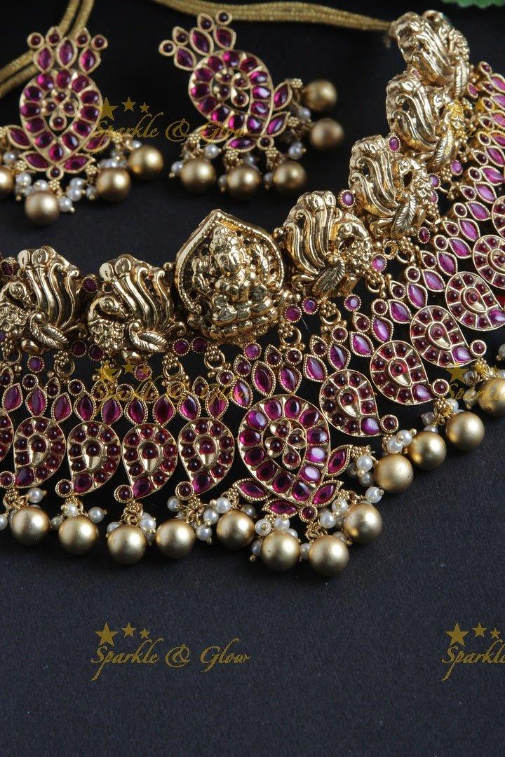 Exquisite Lakshmi Carved High Neck Choker with Gold Beads - Pink - Sparkle and Glow