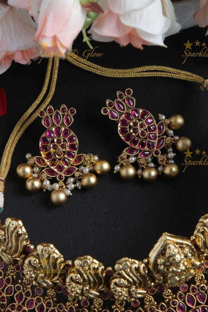 Exquisite Lakshmi Carved High Neck Choker with Gold Beads - Pink - Sparkle and Glow