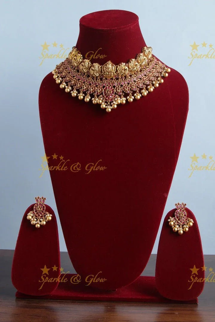 Exquisite Lakshmi Carved High Neck Choker with Gold Beads - Pink - Sparkle and Glow