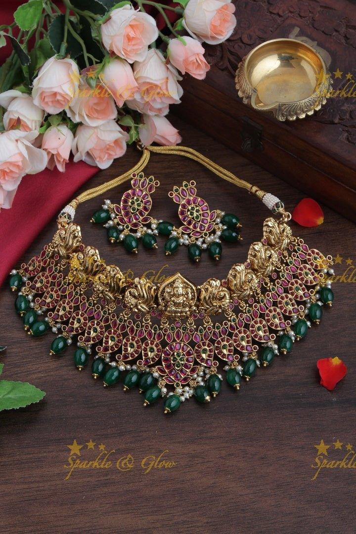 Exquisite Lakshmi Carved High Neck Choker with Gold Beads - Pink - Sparkle and Glow