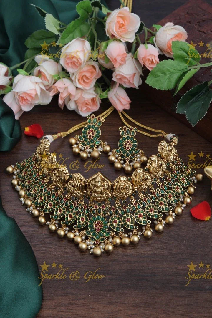 Exquisite Lakshmi Carved High Neck Choker with Gold Beads - Pink - Sparkle and Glow