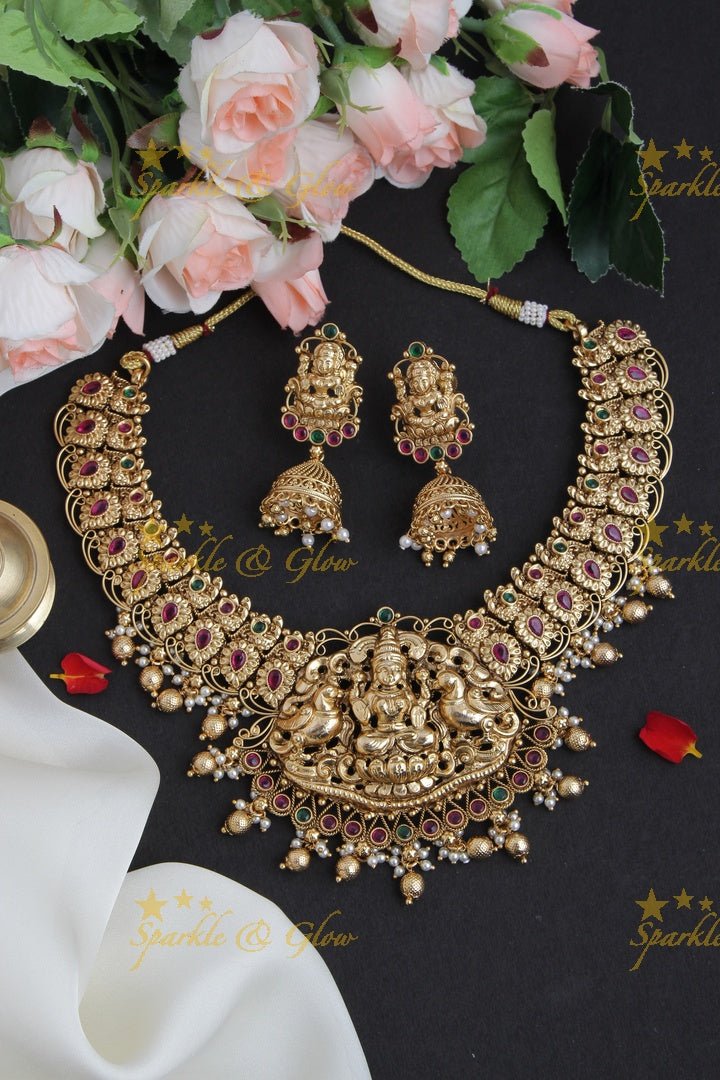 Gold Alike Peacock Lakshmi Short Necklace with Green beads - Pink Green - Sparkle and Glow - Pink Green - Green - Back Thread
